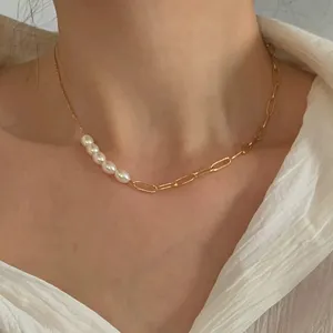 Doğal tatlısu istiridye inci kolye takı paslanmaz çelik özelleştirilmiş mücevherat yaka collares de perlas para mujer kadınlar