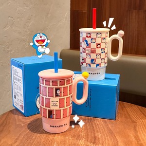 Doraemon Ceramic Straw Cup With Lid And Handle Large Capacity Hand Painted Underglaze Colors Gift For Couple Birthday - Product Image 2