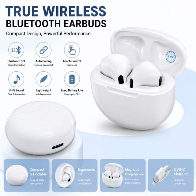 Pro 6 New Wireless High-Fidelity Earbuds Sports In-Ear Active Noise Cancellation (ANC) IPX-5 for V5.4 LED Voice Control