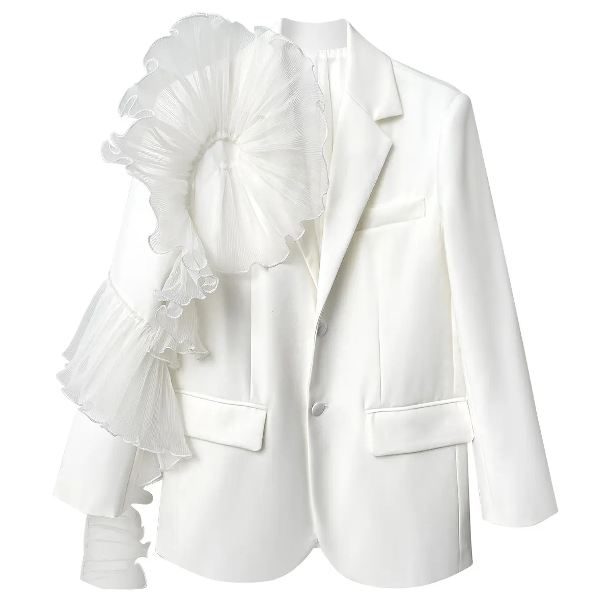 Wholesale 2024 Spring New Fashionable White Single Row Two Button Spliced Mesh Ruffle Edge Suit Coat Women's Coats