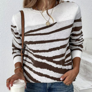 Automne hiver décontracté à manches longues pull pull haut nouveau <span class=keywords><strong>zèbre</strong></span> rayure motif col rond épaule boucle tricoté pull femmes - Product Image 1