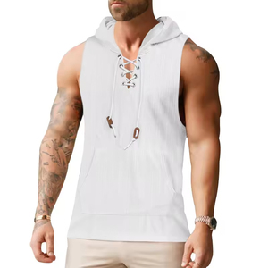 Vente flash : Nouveau gilet grande taille pour homme, fin, décontracté, à capuche, couleur unie, sans manches, avec lacets, pour l'été - Product Image 2