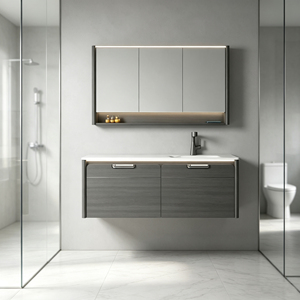 Meuble mural flottant en contreplaqué résistant à l'humidité avec double tiroir de rangement pour salle de bain de villa moderne et minimaliste - Product Image 2