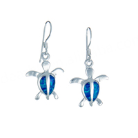 Boucles d'oreilles clous pour enfants en argent sterling 925 plaqué rhodium avec opale de feu bleue synthétique sertie clos, motif tortue et vie marine