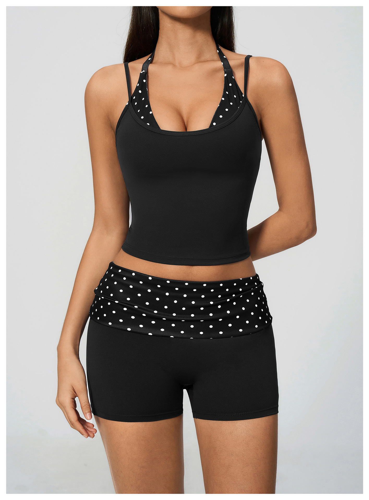Racerback Color-Block Sports Bra: closure, strap or waistband adjustment reference