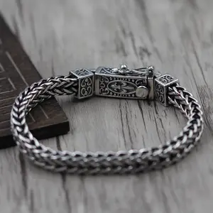 Neue Vintage männliche geflochtene Drachen knochen Retro Thai Sterling Silber Anker Link Chain Armband für Männer