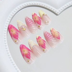 Juego de uñas acrílicas, prensa <span class=keywords><strong>francesa</strong></span> de almendra corta en las uñas, diseño Simple, flor amarilla y rosa, Uñas postizas diarias hechas a mano, <span class=keywords><strong>manicura</strong></span> - Product Image 3