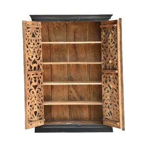 Hand-Carved Solid Wood <b>Wardrobe</b> Almirah with Ornate Floral Design | Antique Black Tall Storage Cabinet | Luxury Bedroom <b>Wardrobe</b> - Product Image 3
