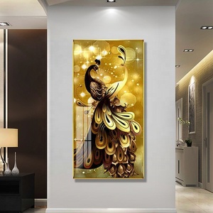 Vente chaude moderne de luxe or <span class=keywords><strong>bleu</strong></span> vert <span class=keywords><strong>paon</strong></span> mur art suspendu peinture cristal porcelaine peinture salon - Product Image 4