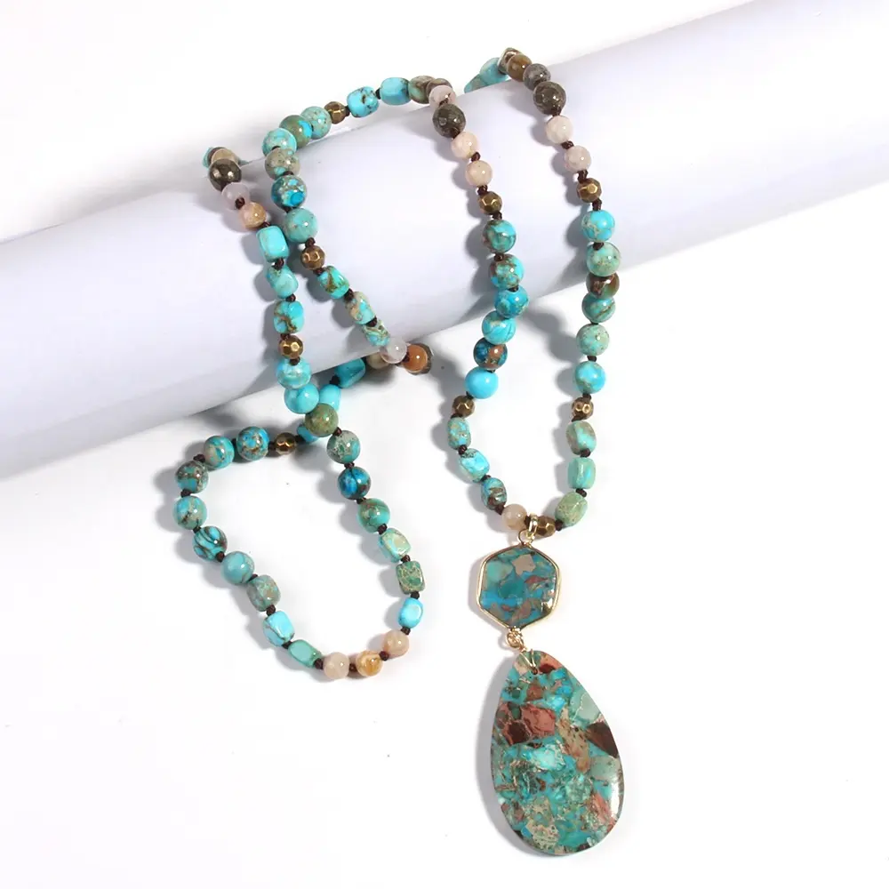 New Handmade Jewelry 6/8mm Multicolor Emperor Natural Stone Beads Knotted Necklace Hexagon Drop Charm Necklaces