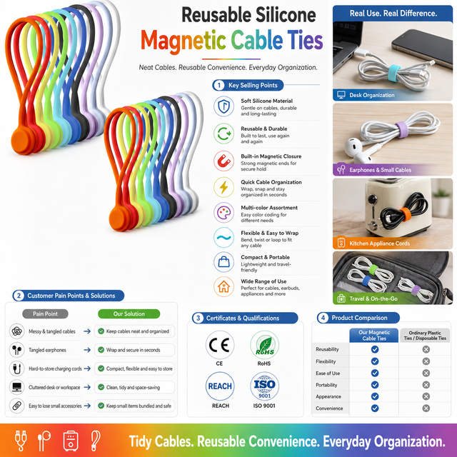 Wholesale Reusable Silicone Magnetic Cable Ties Wire Organizer Cord Management Straps for Home Office