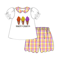Vêtements pour enfants OEM, tenue pour filles pour Halloween, haut à col Peter Pan à volants, short à carreaux festonnés
