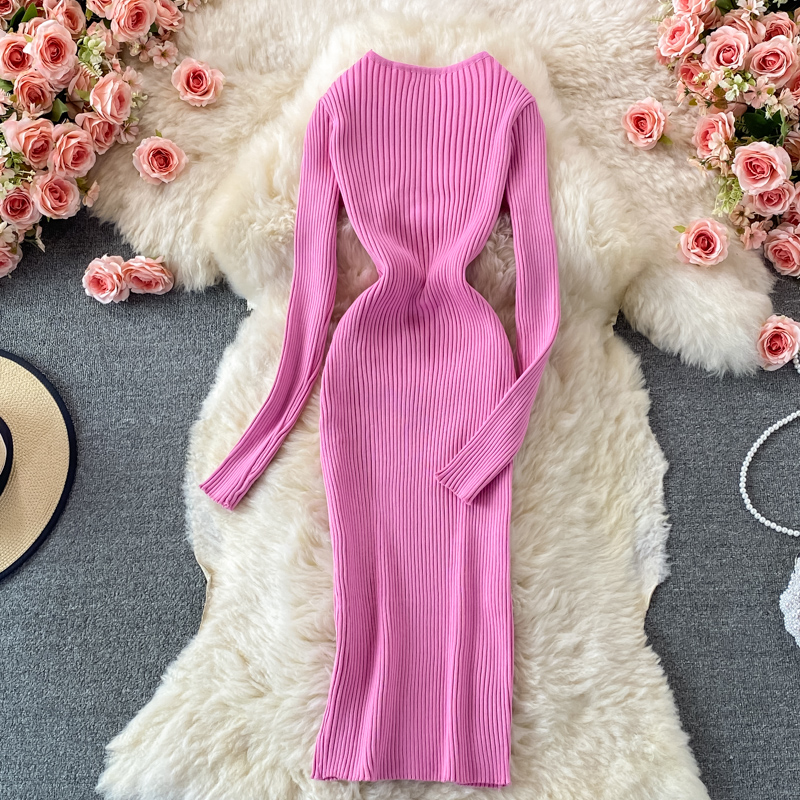 Elegant Ribbed V-Neck Sweater Knitted Maxi Dress for Women