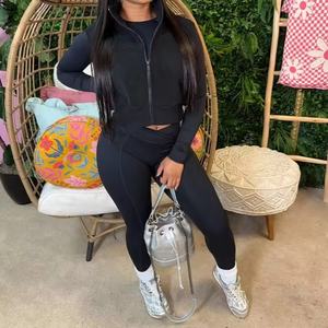 Viviblook Z1014ST01 <b>Women's</b> Set Tracksuit Sleeveless <b>Vest</b> Coat Long Sleeve Crop Top Leggings 3 Pieces Yoga Fitness Set Ladies - Product Image 2