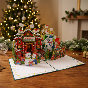 Tarjeta de Navidad 3D Pop-Up Hecha a Mano con Impresión Offset, Oficina Postal del Polo Norte y Tren de Osos Polares, Tarjeta de Felicitación Navideña - Product Image 3