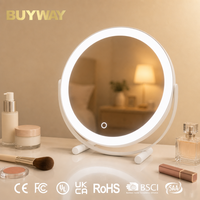 Miroir de maquillage rond blanc avec anneau lumineux intégré et support inclinable en U, miroir de vanité LED de table avec touche tactile ronde