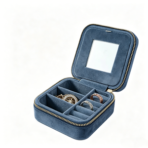 Square Velvet Zipper Jewelry Travel <b>Case</b> Wholesale Built‑in Mirror Compartment Dividers For Ring <b>Earring</b> Bracelet Portable - Product Image 2