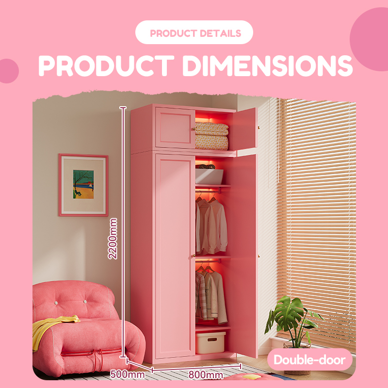 Pink Double Door Wardrobe with Top Cabinet