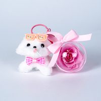 Porte-clés en acrylique avec roses éternelles, chien en peluche mignon avec lunettes, décoration florale personnalisée, cadeau