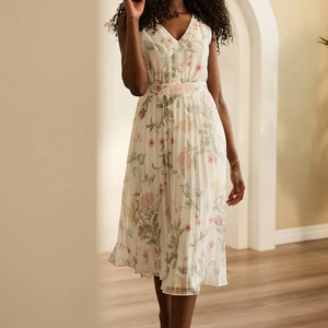 Women's Elegant Pink Green Floral Print V-Neck Sleeveless Pleated Chiffon Midi Dress Romantic Summer Wedding Vacation - Product Image 1