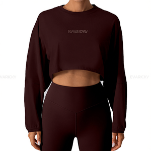 <b>Women</b> Summer Crop Top Long Sleeve Sweatshirt Set Breathable Quick Dry Yoga Workout Wear Spandex Nylon Solid Color Crew Neck Pull - Product Image 1