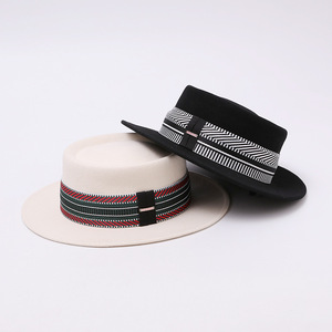 Premium Pure Wool Felt <strong>Hat</strong> Women British Retro Jacquard Band Flat Top Soft Tweed Autumn <strong>Winter</strong> European Fashion - Product Image 1