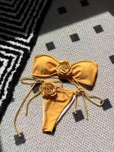 Conjunto de Bikini Brasileño de Dos Piezas con Tirante de Un Hombro, Estampados de Leopardo y Cuadros, Decoración de Flores 3D, Material de Chifón, Talla Grande, en Existencia - Product Image 6