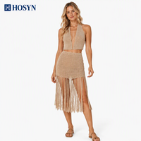 Ensemble deux pièces en polyester tricoté effet crochet pour femme, avec haut dos nu et bas taille haute à franges longues, idéal pour les vacances