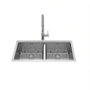 Fregadero Doble para Cocina, 28x19, de Acero Inoxidable 50/50, Acabado Cepillado, Rectangular, para Instalar Bajo Encimera - Product Image 1