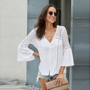 Ruyi Lente Mode Holle Gehaakte Effen Kleur Sexy V-Hals Flare Mouwen Losse Vrouwen Shirt