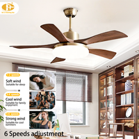 Ventilateur de plafond moderne en noyer avec lumière LED à intensité variable, 5 pales à texture bois, télécommande pour salle à manger et intérieur domestique