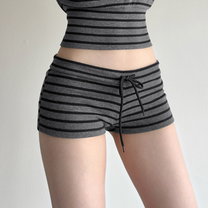 Y2K Women Striped Rib Knit Shorts <b>Drawstring</b> High Waist Skinny Booty Shorts Casual Lounge Homewear Summer Bodycon Shorts - Product Image 3