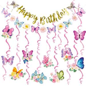 Sunbeauty Set di 22 Decorazioni per Festa di <span class=keywords><strong>Compleanno</strong></span> a Tema Farfalla, Striscione '<span class=keywords><strong>Buon</strong></span> <span class=keywords><strong>Compleanno</strong></span>', Spirali Appese, Decorazioni Rosa con Farfalle - Product Image 1