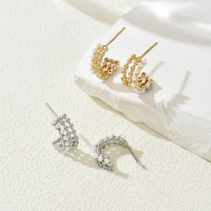 Women's Trendy <b>Charming</b> Copper <b>Hoop</b> <b>Earrings</b> C-Shape Design with Perfect Imitation Pearl Pierced Fashion Accessories Gift - Product Image 3