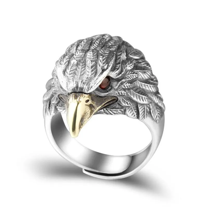 2020 hand made 925 sterling silver jewelry eagle head finger rings with brass inlaid for men