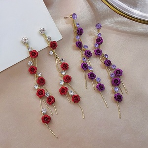 Pendientes <span class=keywords><strong>de</strong></span> Cadena Larga con Borla <span class=keywords><strong>de</strong></span> Flor Rosa Roja y Púrpura, con Diamantes <span class=keywords><strong>de</strong></span> Imitación, para Mujer, Pendientes Colgantes Rectos con Cadena, Joyería - Product Image 5