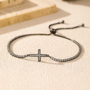 S925 Silver Black Rhodium Plated Cross <b>Bracelet</b> With Round Diamond Minimalist Everyday Wear Unisex Chain Link Jewelry - Product Image 3