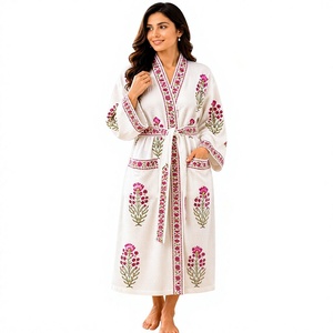 Bata de Baño Maxi Blanca de Verano con Bordado Floral, Transpirable, 100% Algodón Waffle, Cuello en V, con Cinturón, Ropa Casual para el Hogar - Product Image 1