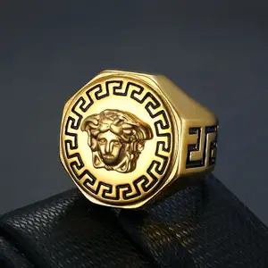 China Sale Ancient Greek Chunky Ring Titanium Steel Gold Color-plated Hip Hop Wholesale Mens Medusa Punk Rings