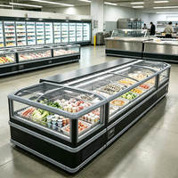Congélateur commercial OEM à îlot central avec fenêtre vitrée, paniers en fil métallique et éclairage LED pour la présentation de fruits de mer surgelés en supermarché