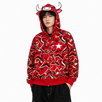 Sweat à capuche zippé intégral pour homme, style streetwear japonais Hip Hop, motif masque de taureau, 100% coton, polaire épaisse, imprimé camouflage abstrait étoilé rouge, coupe oversize
