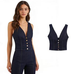 Hauts décontractés d'été pour femmes en denim polyester bleu foncé, sans manches, boutonnés au dos, ajourés, respirants, coupe classique - Product Image 1