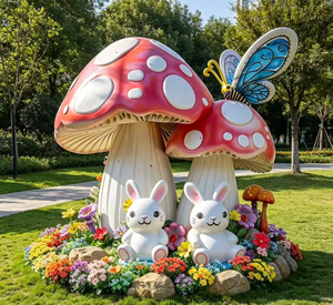 Sculpture de champignon, de lapin et de papillon en fibre de verre de grande taille pour l'aménagement paysager extérieur, couleur personnalisée, statue de conte de <span class=keywords><strong>fées</strong></span> de style dessin animé - Product Image 1
