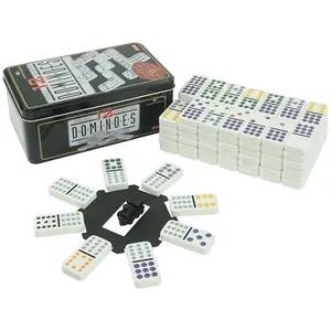Vente en gros de dominos blancs personnalisés Train mexicain double stockage de 12 couleurs de dominos à points colorés dans une boîte en fer blanc personnalisée jeu de table