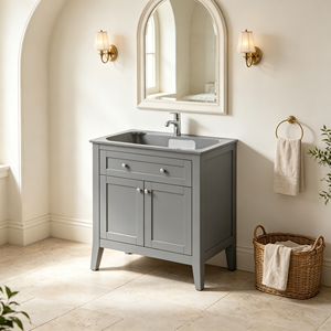 Meuble-lavabo carré gris moderne avec vasque en céramique et miroir LED, 48 pouces, meuble sur pied en bois massif peint avec tiroir - Product Image 4