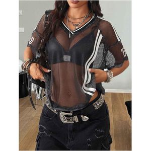 T-shirt en maille transparente pour femme FOXA, coupe ample, manches courtes avec patchs, style rockstar, idéal pour les soirées - Product Image 5
