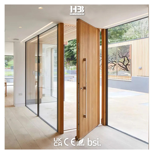 Puerta Pivotante de Madera Sólida Precolgada con Diseño de Líneas Verticales para Entrada Exterior de Villa Moderna, en Roble Rojo Americano, con Aislamiento Acústico y Prevención de Incendios - Product Image 1