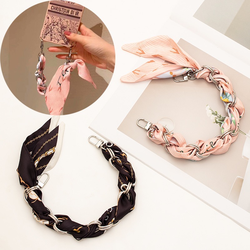 Gift Creative Luxury Silk Scarves Metal Chain for Handbag Lanyard Portable Short Chain Strap for Phone Wrist Strap Key Chain Image 3