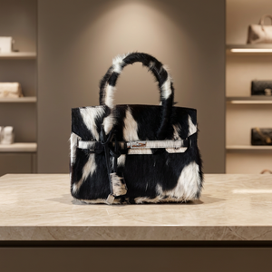 Black <b>White</b> Cow Pattern <b>Handbag</b> Fur Texture Tote Bag Structured Carryall for Daily Use - Product Image 4