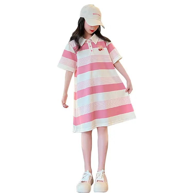 Girls' summer dress 2024 new style of western children's polo long T-shirt skirt Big children's summer dress
